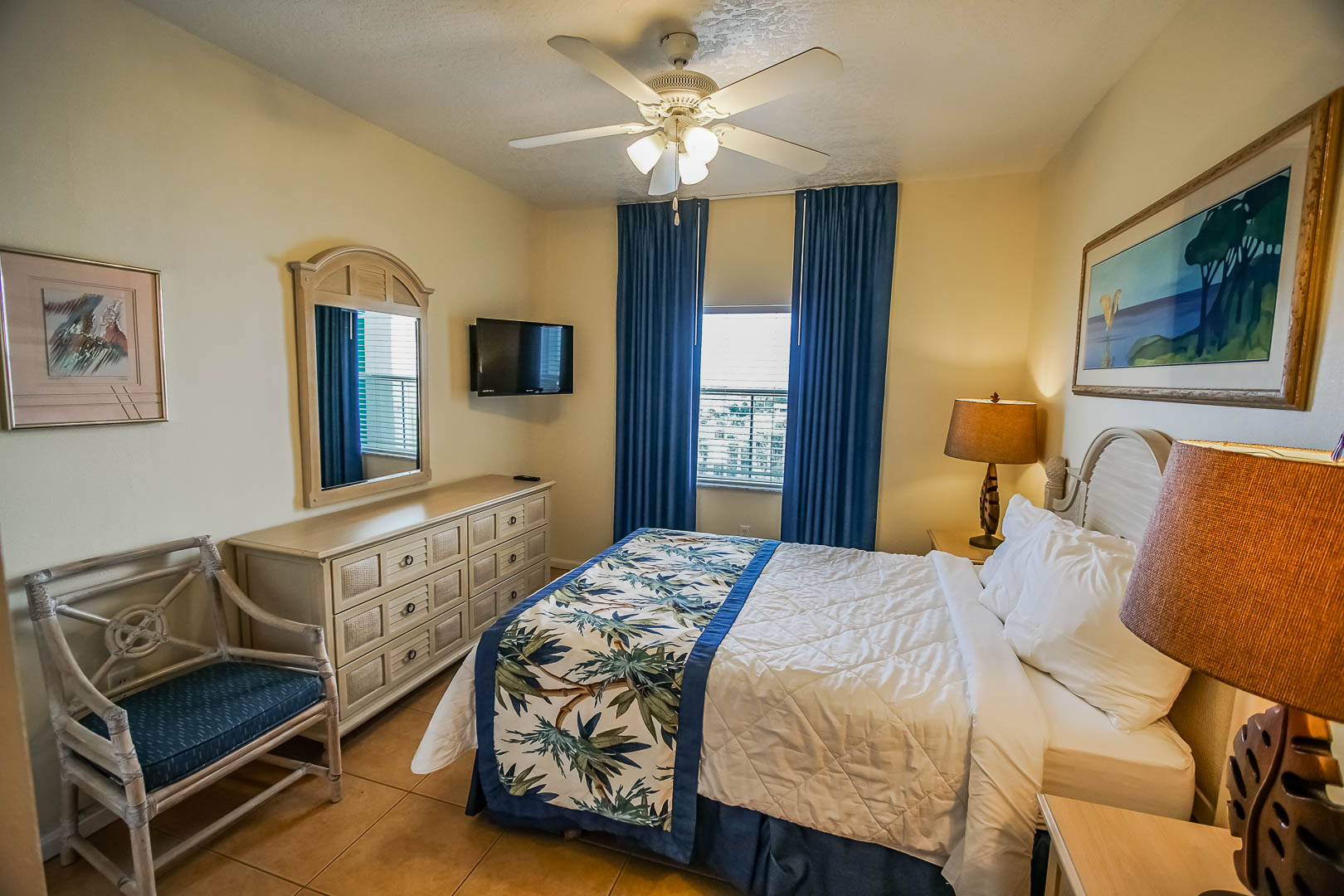 A spacious master bedroom at VRI's Discovery Beach Resort in Cocoa Beach, Florida.